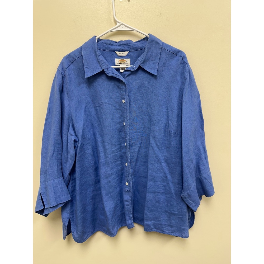 Talbots Irish Linen Button Down Shirt Blue Women Petites 20W 3/4 Sleeve Classic